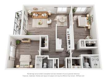 A 3D floor plan of a house with a living room, kitchen, and bathrooms.