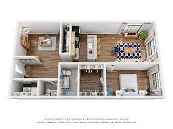 A 3D floor plan of an apartment with a kitchen, living room, and bathroom.