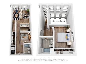 A 3D floor plan of an apartment with a kitchen, living room, and bathroom.