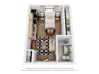 A 3D floor plan of an apartment with a kitchen, living room, and bathroom.