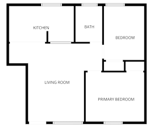 A floor plan of a house with a living room, kitchen, bath, bedrooms and a primary bedroom.