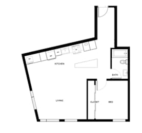 A floor plan of a small apartment with a kitchen, living room, bedroom and bathroom.