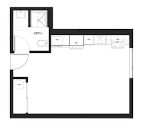 A floor plan of a room with a bath and a kitchen area.