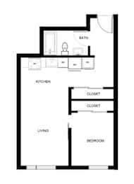 A black and white image of a floor plan for a small apartment.