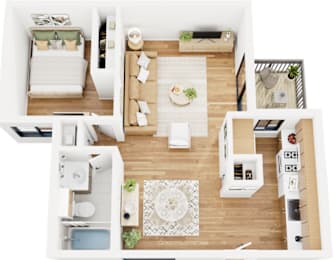 A top-down view of a small apartment with a kitchen, living room, and bathroom.