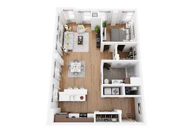 A top-down view of a small apartment with a kitchen, living room, and bedroom.