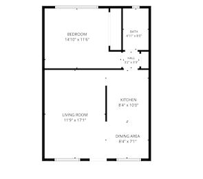 A floor plan of a house with a bedroom, bath, hall, kitchen, living room and dining area.