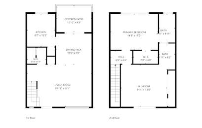 A floor plan of a two-story house with labeled rooms and dimensions.
