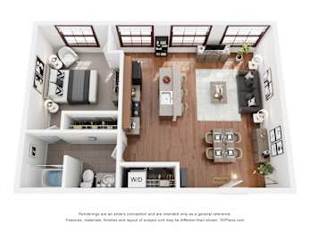A 3D floor plan of a house with a kitchen, living room, and bathroom.