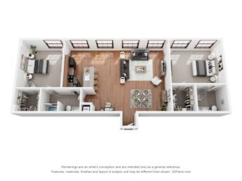 A 3D floor plan of a house with a kitchen, living room, and two bedrooms.