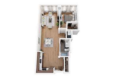 A top down view of a house layout with a kitchen, living room, dining room, and bathrooms.