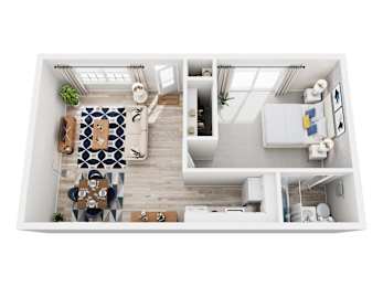 A modern kitchen with a dining table and chairs, a sink, and a window.
