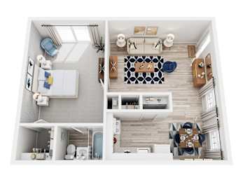 A top-down view of a modern, minimalist apartment with a kitchen, living room, and bathroom.