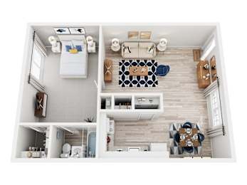 A top down view of a modern kitchen and living room.