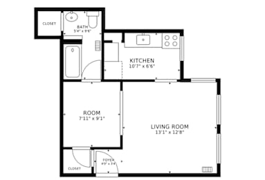 A black and white image of a floor plan for a small apartment.