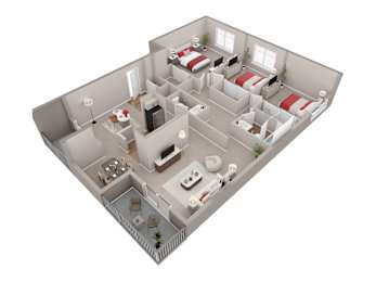 A 3D image of a house layout with multiple rooms and furniture.
