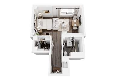 A white and wood floor plan of a house with a kitchen, living room, and two bedrooms.