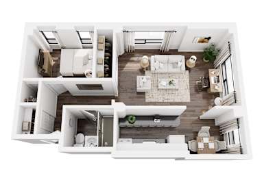A top-down view of a modern, well-lit, and spacious apartment with a kitchen, living room, and bedroom.