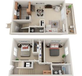 A floor plan of a two-bedroom apartment with a living room, kitchen, and bathroom.