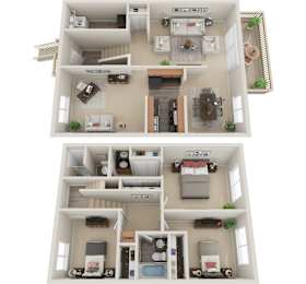 A 3D floor plan of a house with two bedrooms, a living room, a kitchen, and a bathroom.