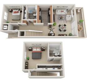 A 3D floor plan of a two-bedroom apartment with a living room, kitchen, and bathroom.