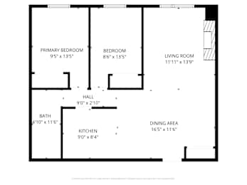 A floor plan for a home with a primary bedroom, bedroom, living room, hall, bath, kitchen, and dining area.