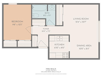 A floor plan of a small apartment with a bedroom, living room, kitchen, and dining area.