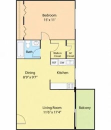 1 bed 1 bath floor plan at Briarwood Apartments, Virginia