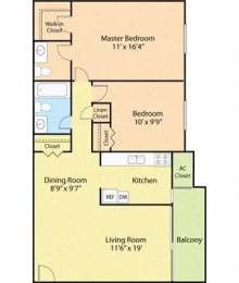 2 bed 1 bath floor plan at Briarwood Apartments, Virginia, 22026