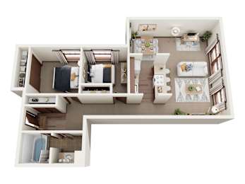 A top-down view of a well-organized apartment with a kitchen, living room, and bathroom.