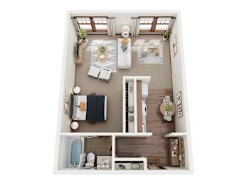 A top-down view of a small apartment with a kitchen, living room, and bathroom.