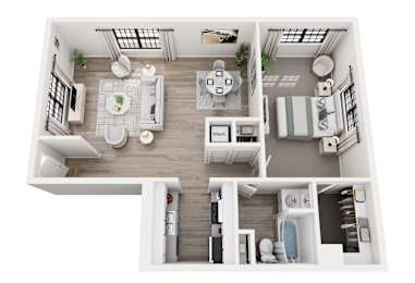 A top-down view of a modern apartment layout.