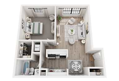 A top-down view of a small, neatly organized apartment with a kitchen, living room, and bathroom.
