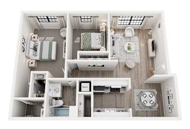 A top-down view of a small apartment with a kitchen, living room, and bathroom.