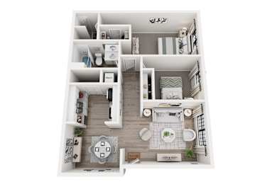 A white floor plan of a small apartment with a kitchen, living room, and bathroom.