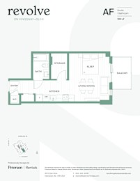 A floor plan for a studio apartment with a living room, kitchen, bathroom, sleeping area, and storage.