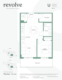 A floor plan for a one bedroom, one bathroom apartment on Kingsway and Glen.