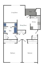 A floor plan of a house with a deck and two bedrooms.