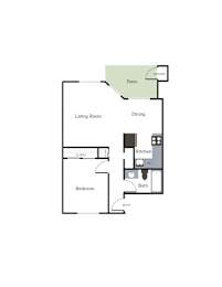 A floor plan of an apartment with a living room, dining area, kitchen, bedroom, and bathroom.