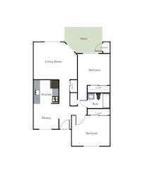 A floor plan of a house with a living room, dining room, kitchen, and two bedrooms.