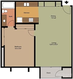 2d floorplan of a 1 bedroom, 1 bathroom unit