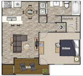 A floor plan of a house with a kitchen, dining room, living room, bedroom, and bathroom.