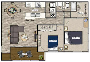 A floor plan of a house with a dining area, kitchen, living room, two bedrooms, a bathroom, and a closet.