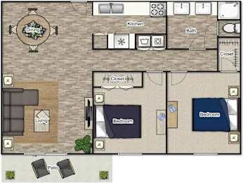 A floor plan of a house with a dining area, kitchen, bathroom, living room, two bedrooms, a closet, and a patio.