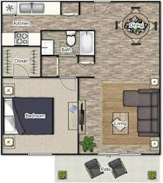 A floor plan of a house with a kitchen, dining area, bathroom, closet, bedroom, living room, and patio.