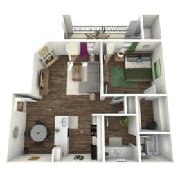 A 3D rendered image of a 702 square foot apartment at Apex in San Antonio