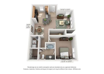  Floor Plan 1 BED, 1 BATH A1B