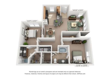  Floor Plan 2 BEDS, 2 BATHS B2A