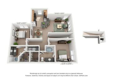  Floor Plan 2 BEDS, 2 BATHS B2B