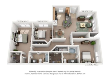 Floor Plan 3 BEDS, 2 BATHS C2A